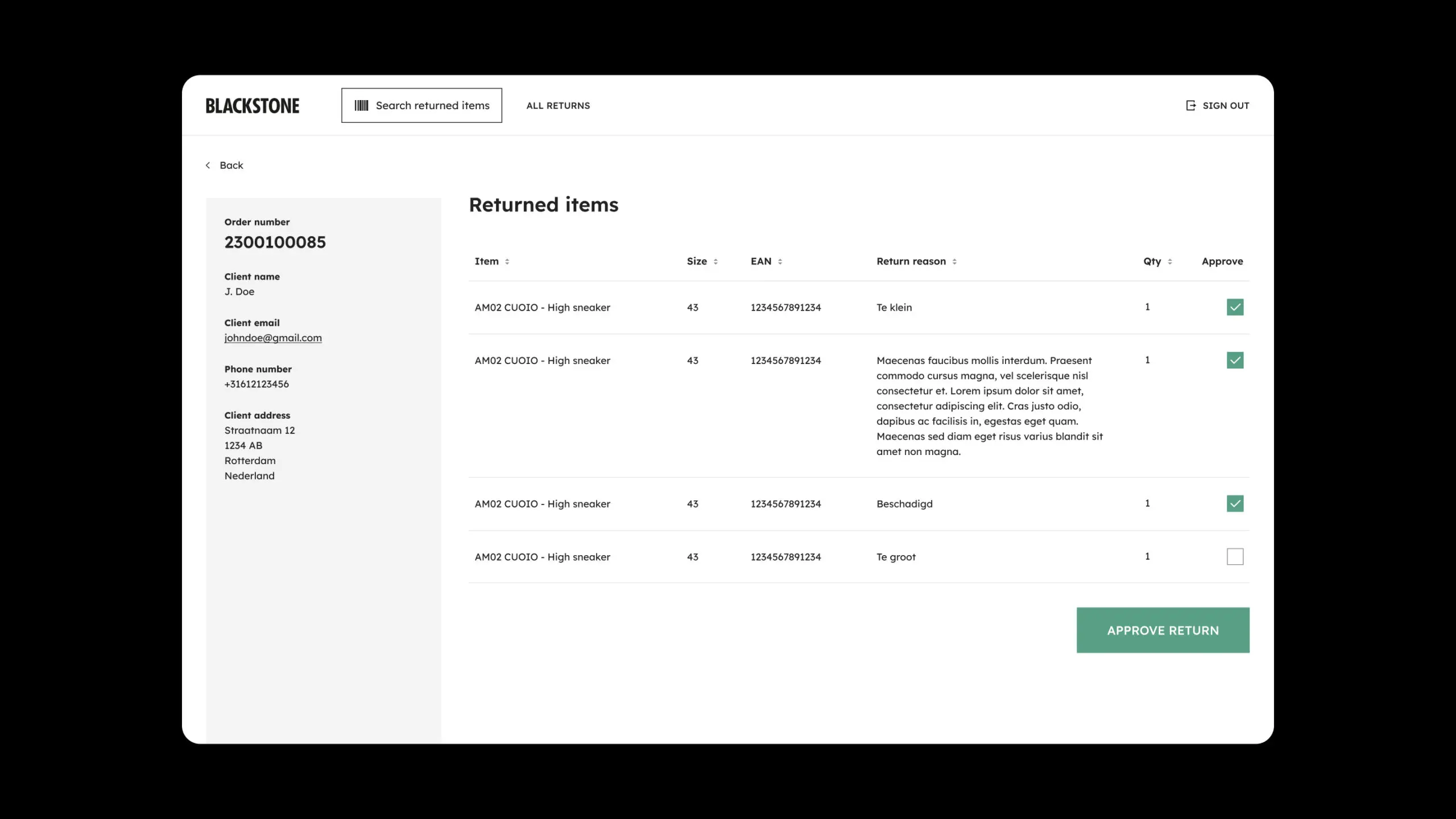 Interface scherm met alle retouren van Blackstone (concept beeld)